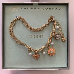 NIB Lauren Conrad Bloom Charm Bracelet Gold-tone Flowers Heart Pearl Cha…